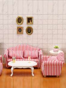 1入組1:12娃娃屋微型家具模型,紅色的&白色條紋圖案客廳單沙發 - 紅白色 - 查看 6