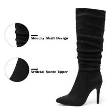 Giày bốt cao đến đầu gối bằng da lộn cho nữ Giày bốt cao gót mũi nhọn có khóa kéo Giày bốt cao gót có khóa kéo ngày lễ tình nhân - màu đen - Xem 2