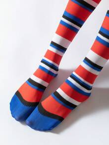 1pair Women's Stylish Blue And Red Striped Knee-High Socks With Creative Personalized - Multicolor - View 2