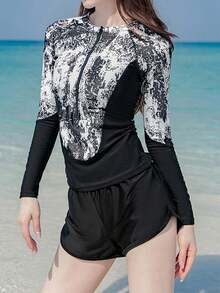 图案印花双色前拉链防晒衣 夏日海滩 - 黑與白 - 查看 2