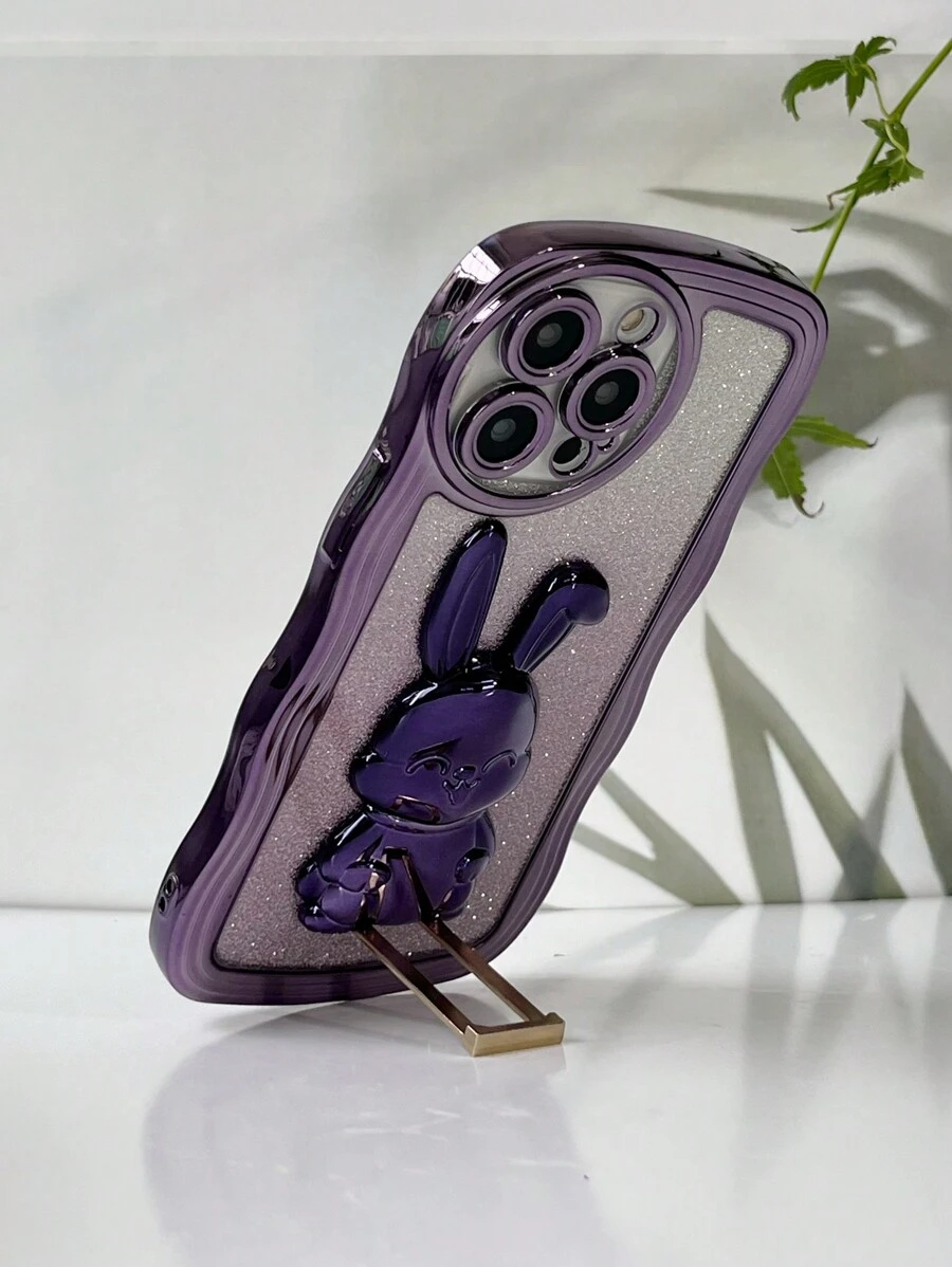 Ốp Điện Thoại Di Động Hình Thỏ Chống Rơi Mạ Điện + Mạ Toàn Bộ Thẻ Dính Lấp Lánh Và Giá Đỡ Ẩn, Tương Thích Với IPhone, Samsung, Xiaomi, Oppo, Vivo, Chuanyin, Tương Thích Với IPhone 11/12/13/14/15promax, Samsung S22 /23/24+UA04/A05/A14/A15/A24/A25/A34/A54S, Xiaomi OPPO VIVO Redmi13c+ Tương thích với Bộ ốp điện thoại hoàn chỉnh Moto Gredmi NOTE13c/12/11PRO - Màu tím - Xem 1