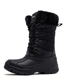 男女冬季雪靴，黑色加厚保暖繫帶戶外鞋適合雪地行走 - 黑色 - 查看 5