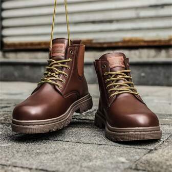 男士靴子高幫PU皮革棕色夏天短靴工作美式短靴適用於戶外運動