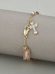 3-Color Rose Beaded Virgin Mary Pendant Bracelet - Gold - View 6