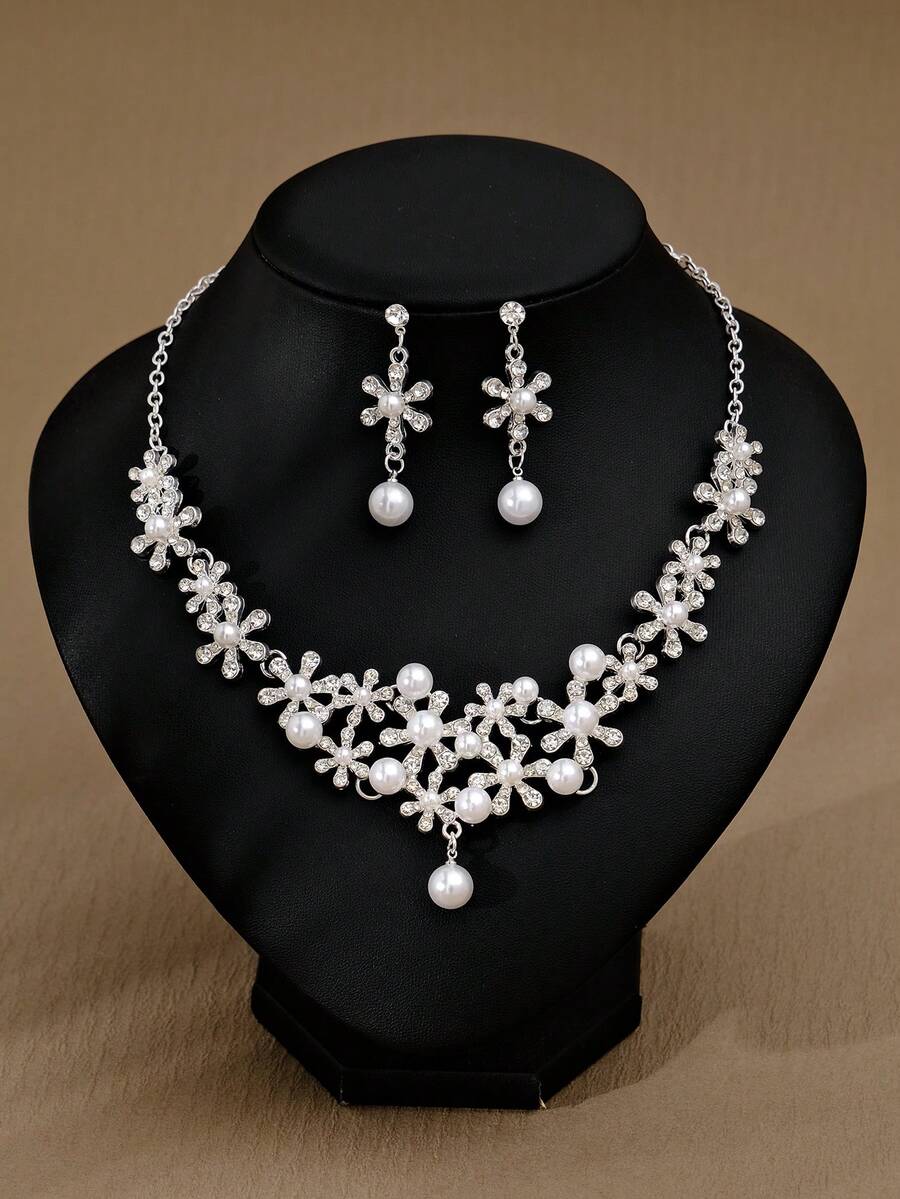 3入組優雅新娘婚禮項鍊與耳環套裝,合金,鑲有水晶石裝飾