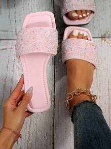 Sandalias planas con decoración de rhinestone rosado para mujer, sandalias casuales de plástico tipo chanclas con punta abierta para uso en exteriores en San Valentín - Rosa - Ver 1