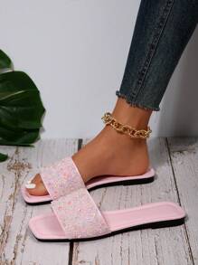 Sandalias planas con decoración de rhinestone rosado para mujer, sandalias casuales de plástico tipo chanclas con punta abierta para uso en exteriores en San Valentín - Rosa - Ver 4