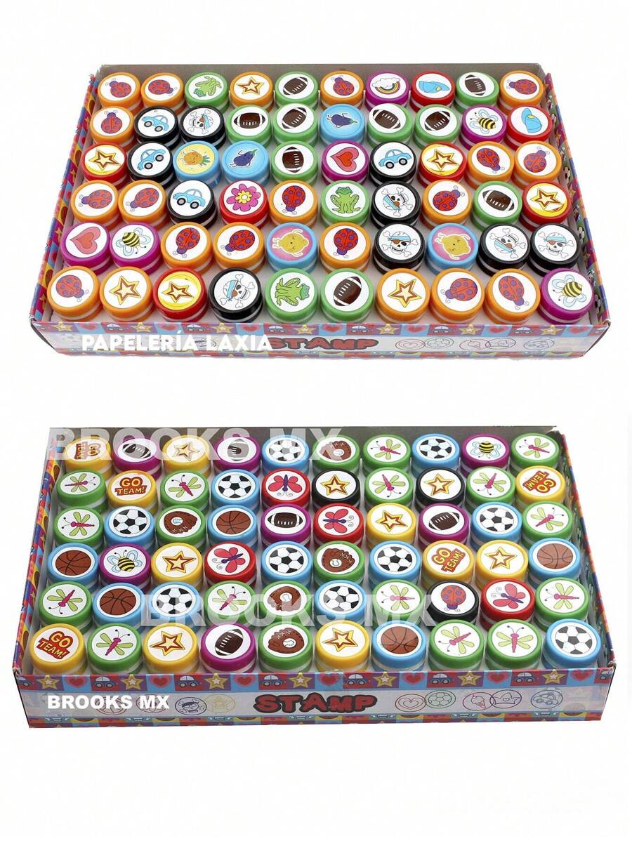 Caja de sellos con 60 piezas diseños al azar infantiles entintados económico - Azul - Ver 1