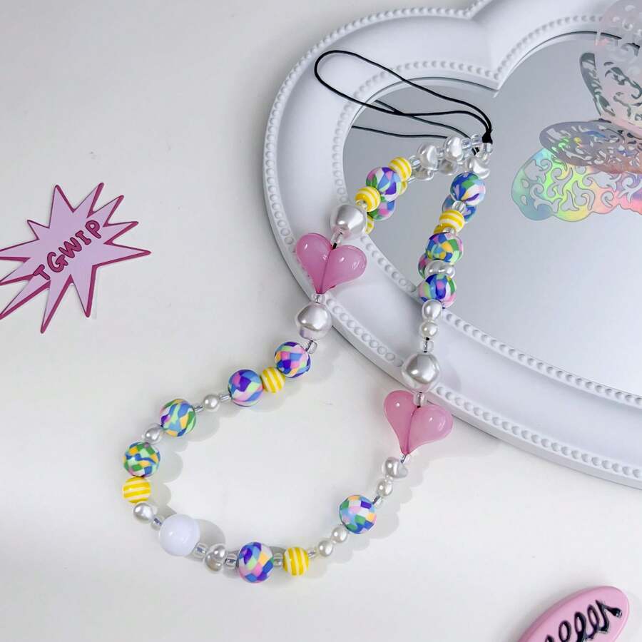 1pc Millennial Style Acrylic Heart Shaped Decor Cell Phone Lanyard Suitable For Women's Daily Use - Multicolor - View 1
