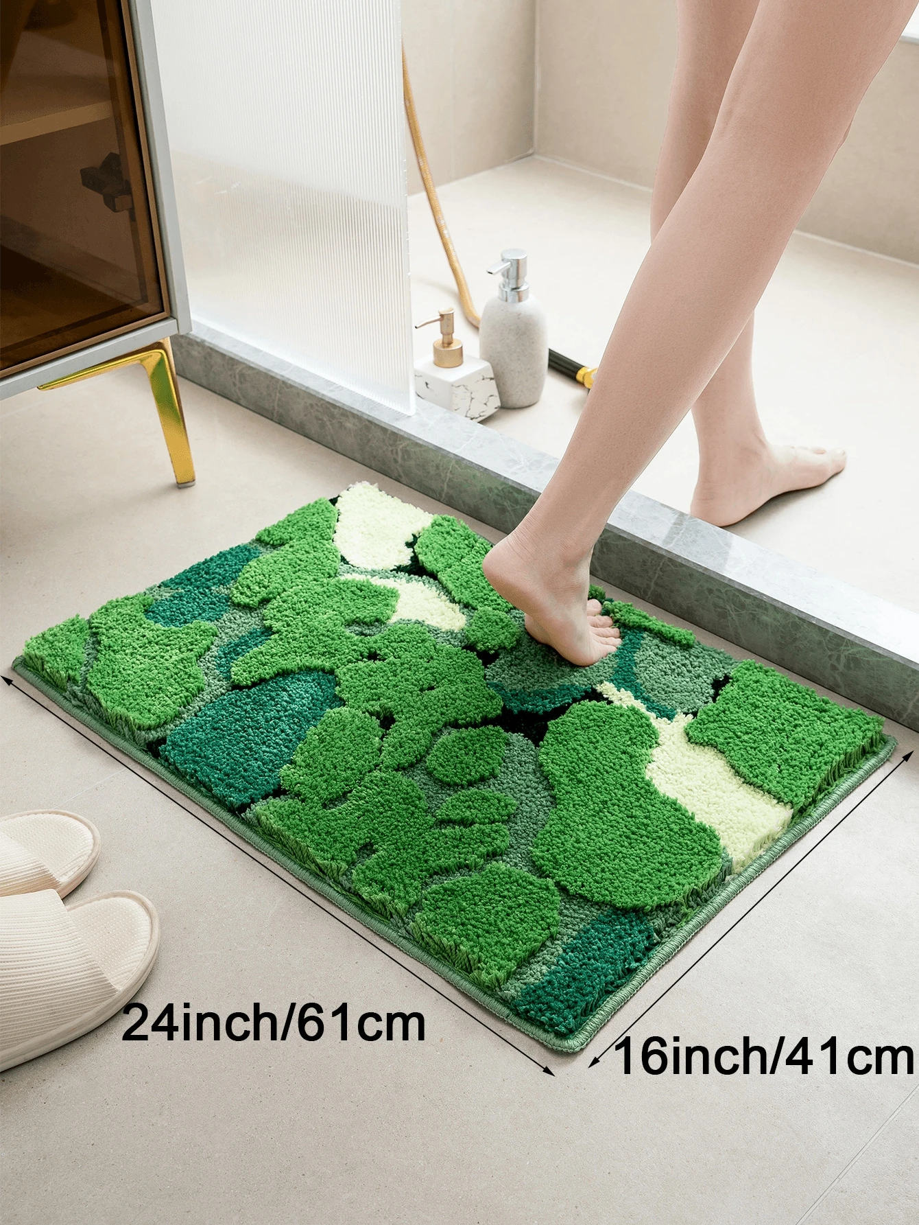 1pc 3d Cute Moss Green Bathroom Rug, Bohemian Aesthetics Leaf Bath/mat