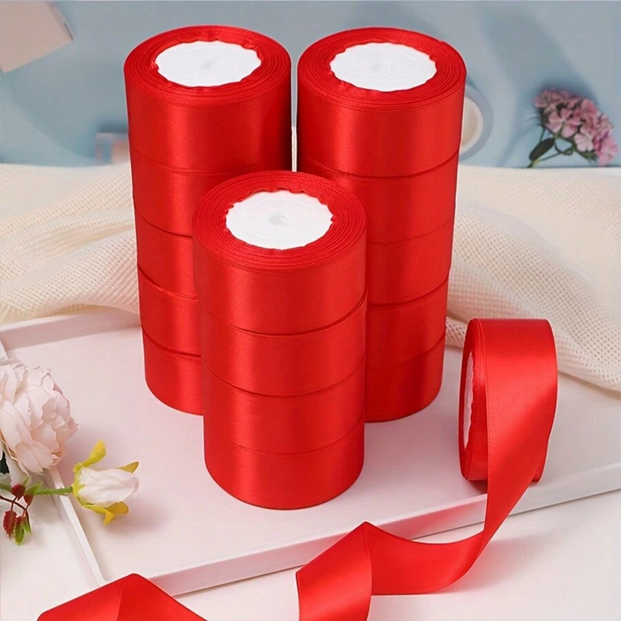 1pc 25 Yards/Roll Satin Ribbon , Diy Rose Flower Material Silk Satin Ribbon Decoration Cake Gift Wrapping Webbing Wedding Party Bow Ribbon - Red - View 1