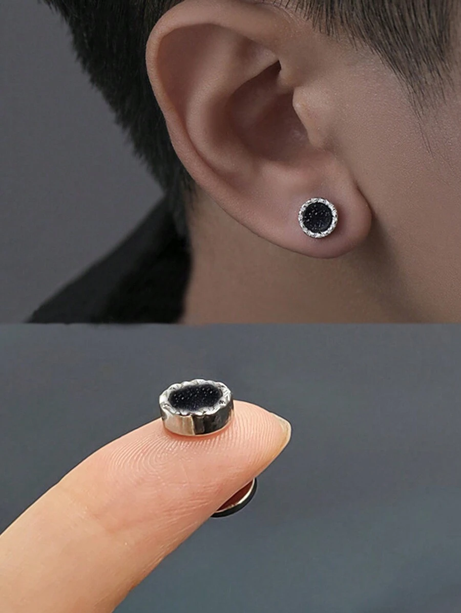 1pair Men's Clip-On Blue Sandstone Earrings In & Minimalist Magnetic Style Without Ear Piercing - Magnetic Blue Sand Round Bead Stud Earrings - View 1