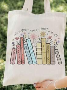 VOESETO 1 Pc Letter Print Canvas Tote Bag Gift For Book Lover - White - View 2