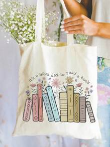 VOESETO 1 Pc Letter Print Canvas Tote Bag Gift For Book Lover - White - View 5