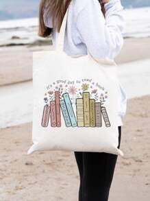 VOESETO 1 Pc Letter Print Canvas Tote Bag Gift For Book Lover - White - View 1