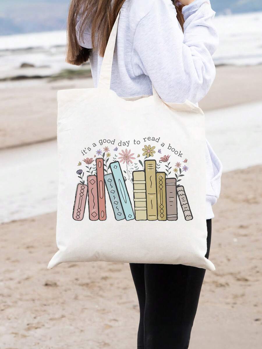 VOESETO 1 Pc Letter Print Canvas Tote Bag Gift For Book Lover - White - View 1