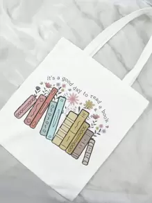 VOESETO 1 Pc Letter Print Canvas Tote Bag Gift For Book Lover - White - View 3