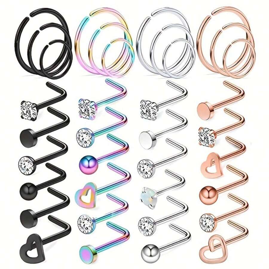 36pcs High-End, Durable Stainless Steel Nose Rings Set With Sparkling , Perfect For Daily Wear And Body Piercing Jewelry