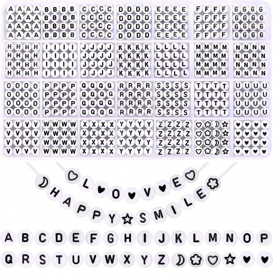 1 盒 1400 颗圆形字母珠用于珠宝制作，31 款白色 A-Z 字母亚克力珠子套件，心形珠用于手链制作（4*7 毫米） - 黑與白 - 查看 1