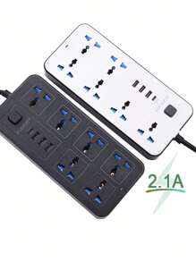 Multicontactos Regleta Barra con Puertos de Carga USB con Protección Contra Sobrecargas - Blanco y Negro - Ver 1