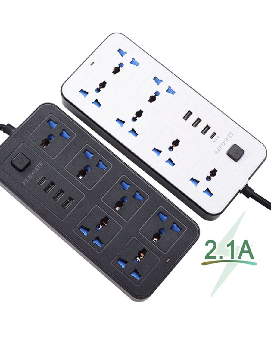 Multicontactos Regleta Barra con Puertos de Carga USB con Protección Contra Sobrecargas - Blanco y Negro - Ver 1