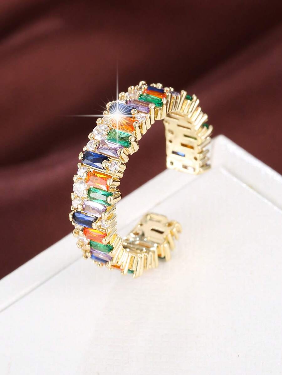 1 pieza Anillo de moda cortar & forma cuadrada con diseño de diamante de imitación abierto ajustable - Dorado - Ver 1