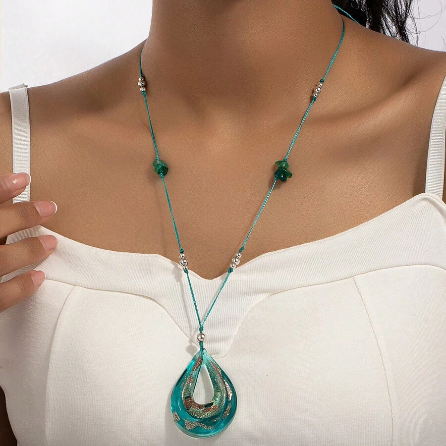 1個女性用淚滴形吊墜項鍊,個性化和時尚的珠寶首飾,度假風格禮物 - 米色 - 查看 1