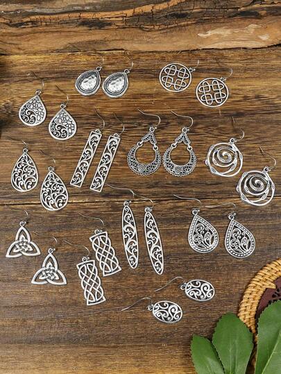 HANQI 12 Pairs/set Vintage Style Antique Silver Geometric Hollow Out Drop Earrings, Combination Of Different Styles For Women, Suitable For Daily Life, Work, Street Snap And Retro Dressing, Four Seasons Wearable