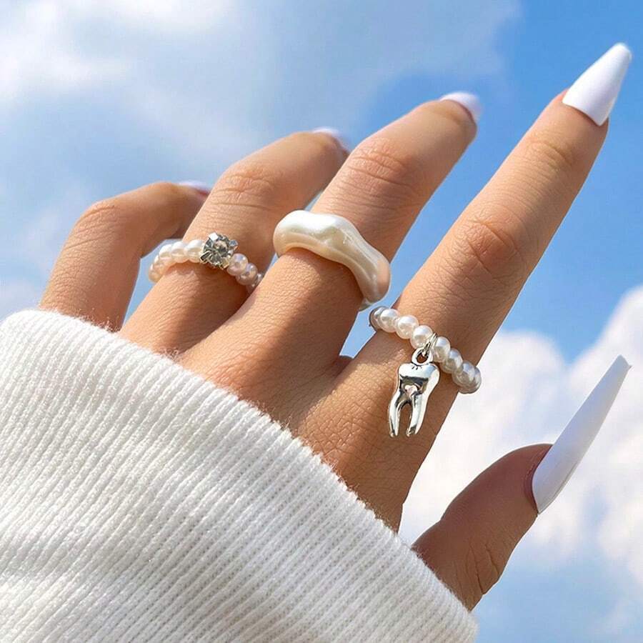 3pcs/Set Creative Faux Pearl Teeth Shaped Rings, Knuckle Rings For Women's Daily Wear - White - View 1