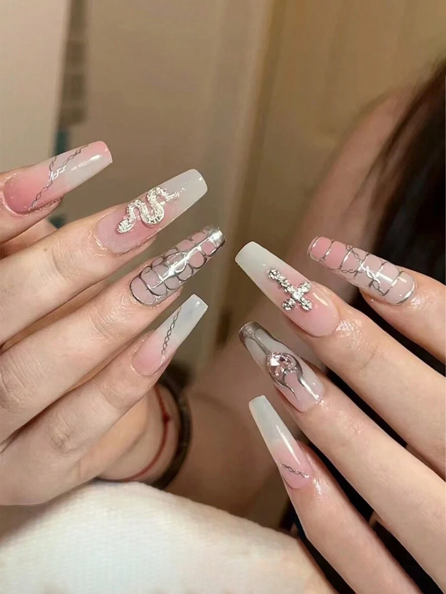 24 cái/bộ Dài Ballet Hình dạng Lung linh Màu bạc Hình  Rắn Vượt qua Che phủ Giường đôi Sai Bộ dụng cụ móng tay , Đối với phụ nữ - Nhiều màu - Xem 1