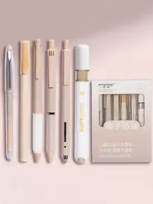 6入組寫作鋼筆套裝0.5mm圓珠筆黑色顏色凝膠墨水&復古顏色高光馬克筆學校辦公室 - 咖啡棕 - 查看 1