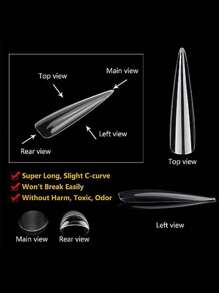 240片长尖头亚克力假指甲套装，12种尺寸全覆盖透明人造指甲片，法式美甲延长套装，DIY美甲按压式指甲，人造按压式指甲，美甲用品 - 無色 - 查看 2