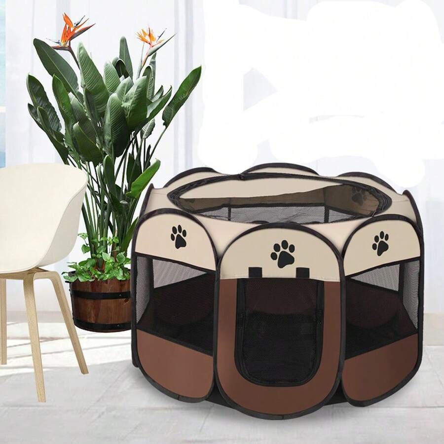 1pc Octagon Pet Fence Tent Oxford Fabric Scratch Resistant And Foldable Dog Cage Size S (73*73*43cm) / L (91*91*58cm) - Cà phê nâu - Xem 1