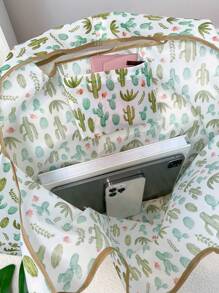 Allover Cactus Print Tote Bag, Shopping Bags, Foldable Large Capacity Contrast Binding Shoulder Bag