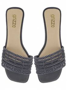 Sandália Feminino Rasteira Bico Quadrado Confortável Moda Tiras - Preto - Visão 3