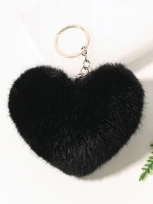 1pc Rainbow Heart Shaped Fluffy Ball Keychain Car Key Holder - Black - View 1