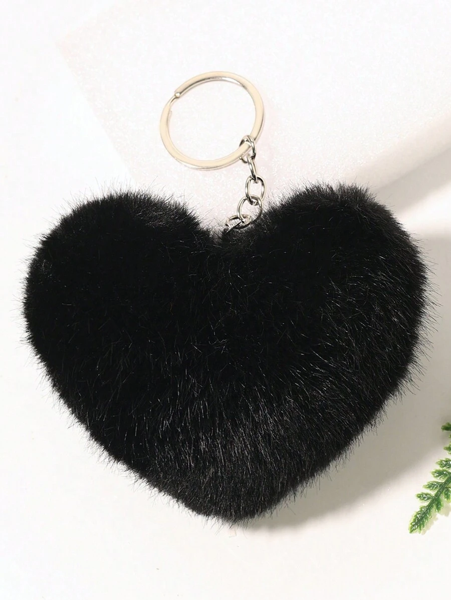 1pc Rainbow Heart Shaped Fluffy Ball Keychain Car Key Holder - Black - View 1