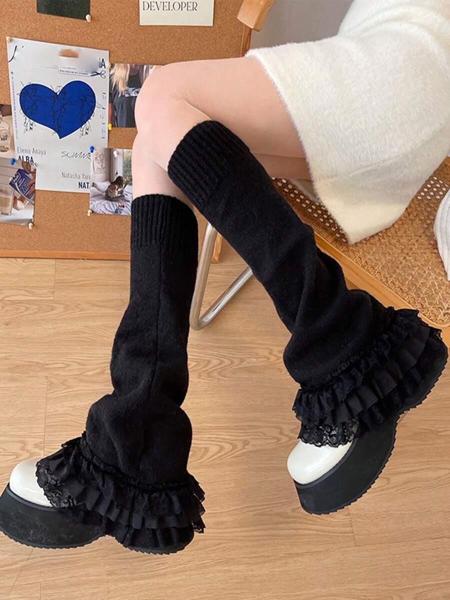 1雙女性y2k復古黑色蘿莉塔jk擴口蕾絲修邊腿部暖腿套,秋冬保暖舒適針織打底褲 - 黑色 - 查看 1