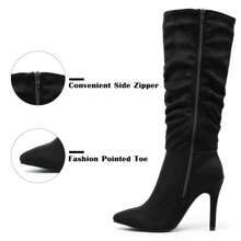 Giày bốt cao đến đầu gối bằng da lộn cho nữ Giày bốt cao gót mũi nhọn có khóa kéo Giày bốt cao gót có khóa kéo ngày lễ tình nhân - màu đen - Xem 3