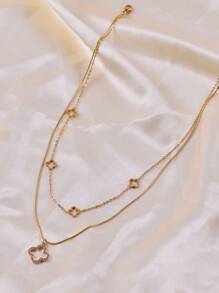 1pc Fashionable Titanium Steel Round Snake Bone Chain With Hollow Out Shell, Four-Leaf Flower Shaped & Lucky Pendant Necklace For Women, Festival Gift Valentines,Mom,Mother,Mother's Day,Gift - Multicolor - View 2