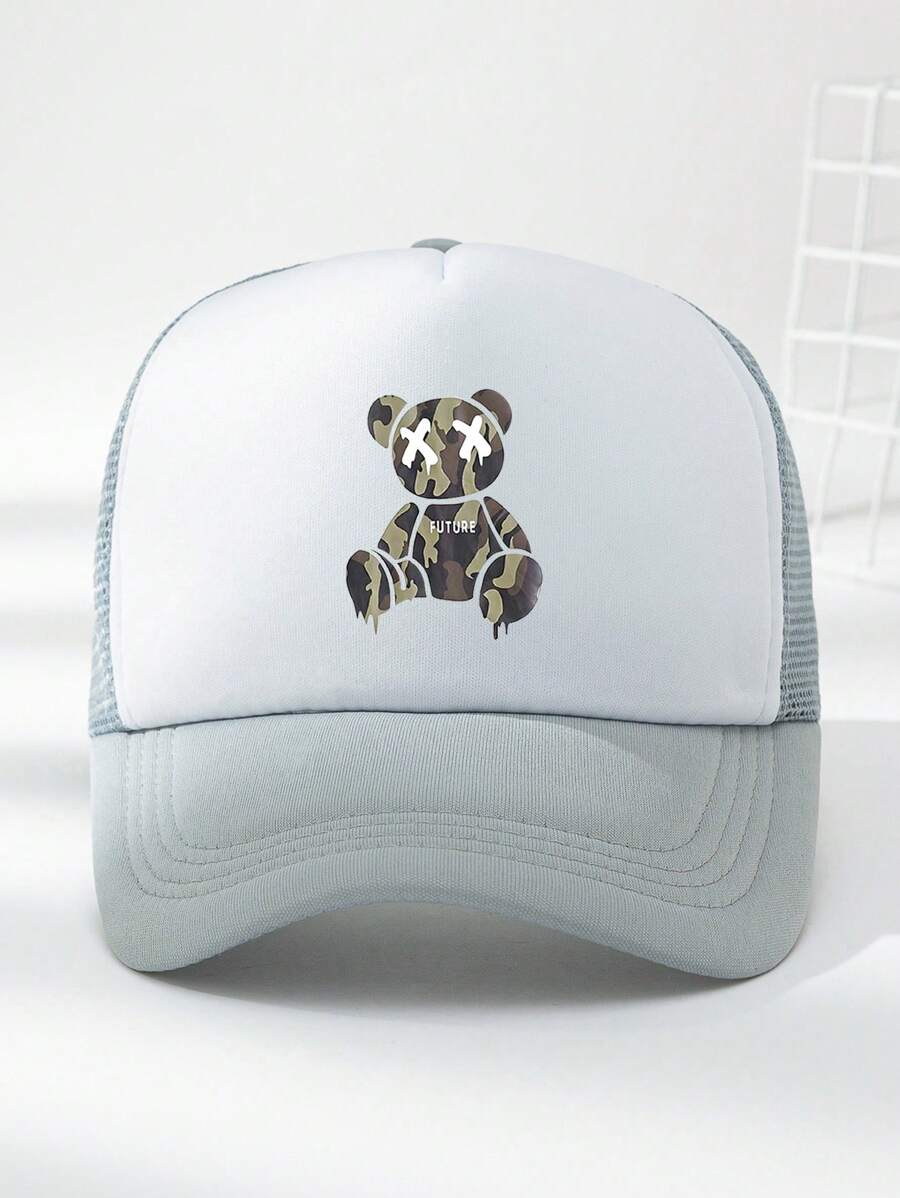 1pc Unisex Outdoor Casual Bear Printed Breathable Sun Protection Adjustable Baseball Cap, Suitable For Daily Use - Light Grey - View 1