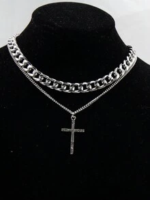 Fashionable Double-layered Cross Pendant Chain Necklace Set With Gold And Silver Color - Multicolor - View 2