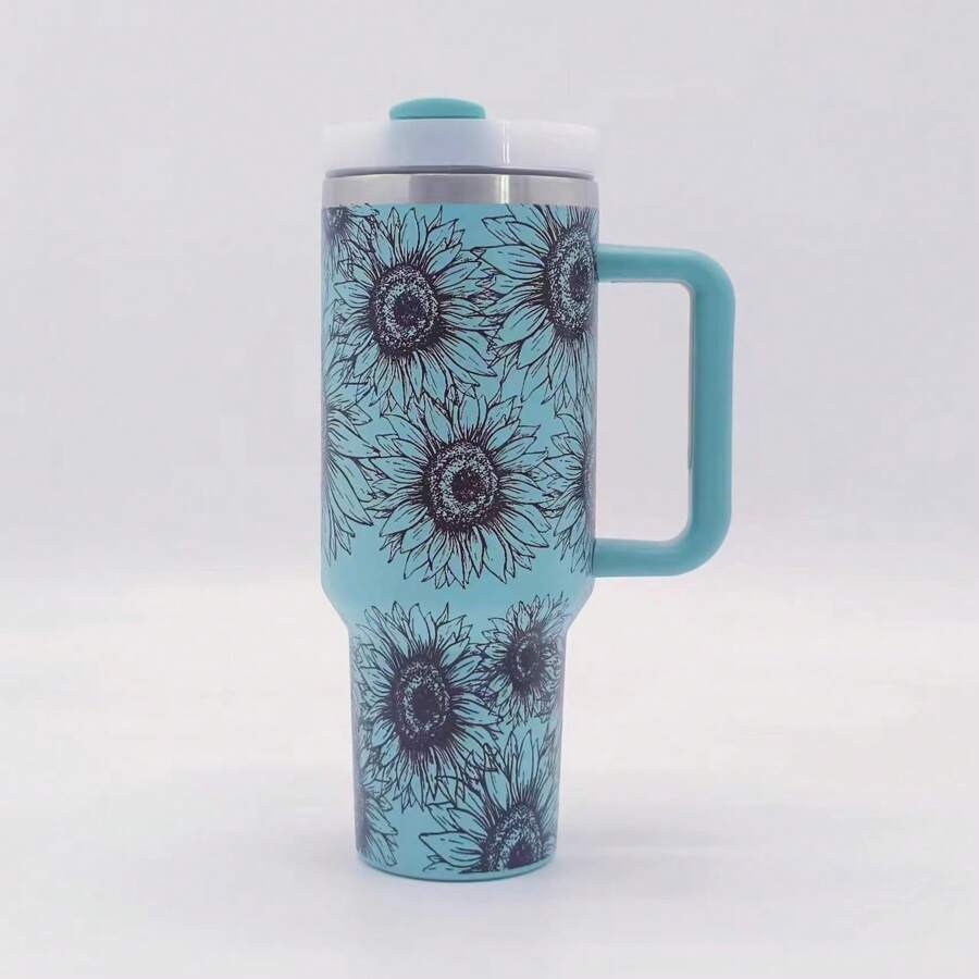 40盎司帶手柄和吸管的保溫杯，5D向日葵印花不鏽鋼水瓶，適用於汽車座椅支架，旅行、辦公室和家裡使用 - 尤加利 - 查看 1