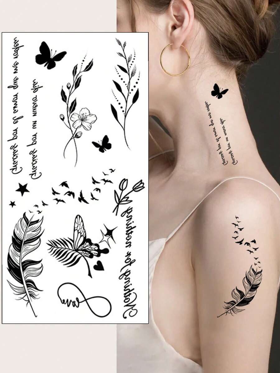 (One Sheet) Butterfly & Flower Pattern Waterproof And Long-Lasting Temporary Tattoo Sticker, Sexy Personalized Fake Tattoo For Women - Black - View 1