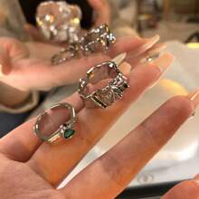 2pcs/Set Ladies' Asymmetrical Texture Metal Open Rings, Fashionable & Personalized Rings For Index Finger - Silver - View 2