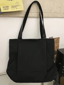 1pc Fashionable Simple Black Large Capacity Nylon Tote Bag For Daily Use, Can Hold 10-inch Tablet, Zippered Closure, Lightweight, Waterproof - Black - View 5