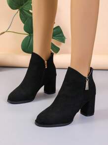 Botines Cortos De Tacón Grueso De Punta Estrecha Con Diamantes De Imitación Para Mujer, Botas De Tacón Alto De Moda - Negro - Ver 5