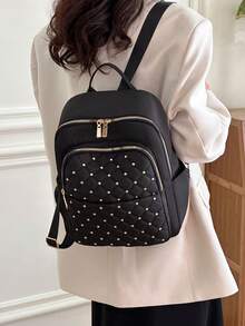 Mochila Acolchada Con Estilo Negro Para Mujer - Bolsa De Viaje De Nailon Duradera Con Múltiples Compartimentos Para La Escuela Y El Uso Diario - Negro - Ver 7