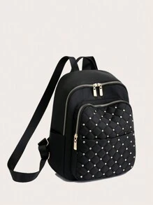 Mochila Acolchada Con Estilo Negro Para Mujer - Bolsa De Viaje De Nailon Duradera Con Múltiples Compartimentos Para La Escuela Y El Uso Diario - Negro - Ver 2