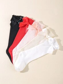 5對寶寶女孩純色蝴蝶結過膝高筒襪 - 彩色 - 查看 3